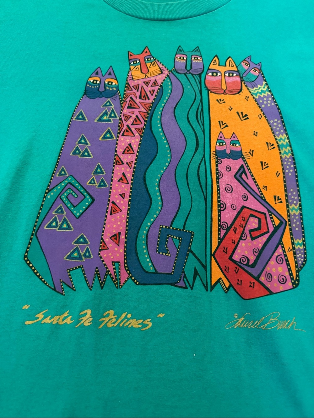 VTG Laurel Burch Santa Fe Feline Cats T-shirt Size L Teal Single Stitch Pristine - Picture 3 of 8